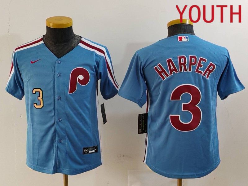 Youth Philadelphia Phillies #3 Harper Blue Throwback 2024 Nike MLB Jersey style 2->youth mlb jersey->Youth Jersey